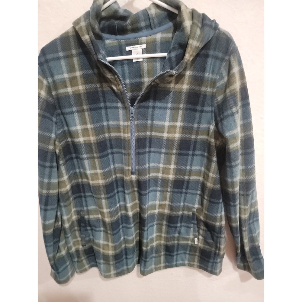 O'Neill Men's Large 1/4 Zip Fleece Hoodie Plaid Blue Green Pullover Jacket L